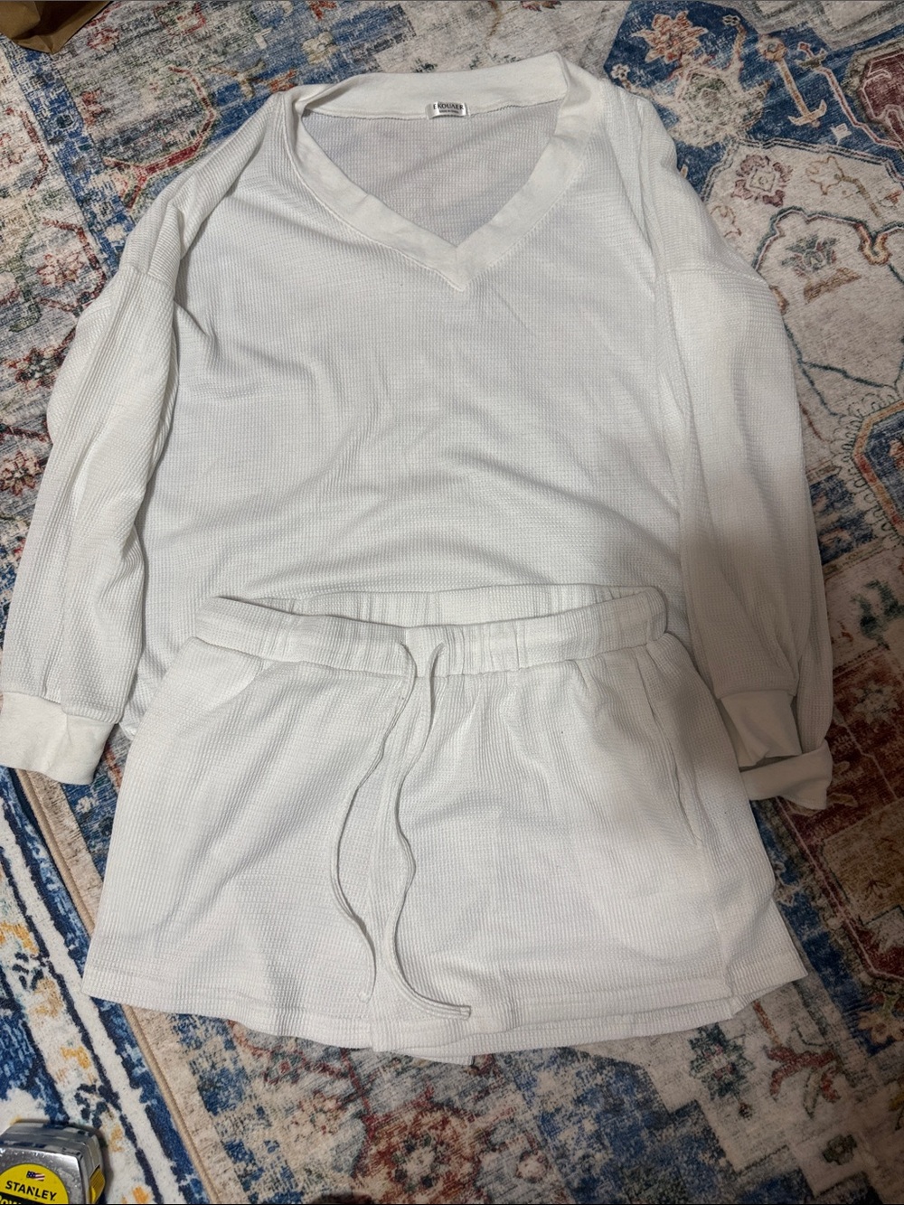 White Waffle-Knit Set - Comfortable Lounge Top & Shorts